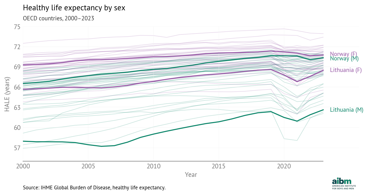 Healthy life expectancy by sex, OECD 2000–2023 (IHME).